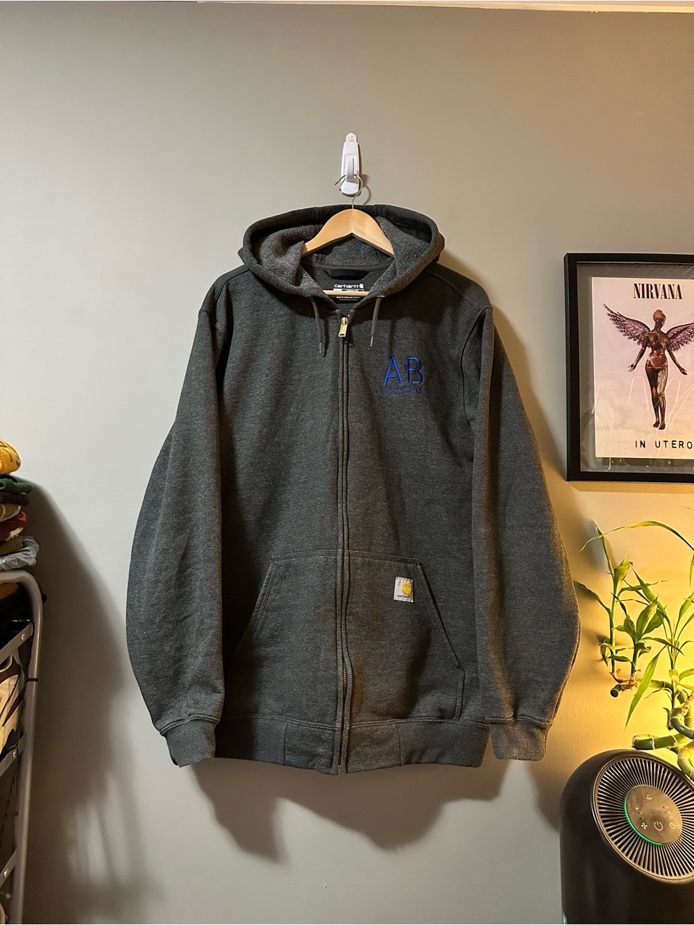 Carhartt Men’s Charcoal Gray Full-Zip Hooded Jacket with Blue Embroidery